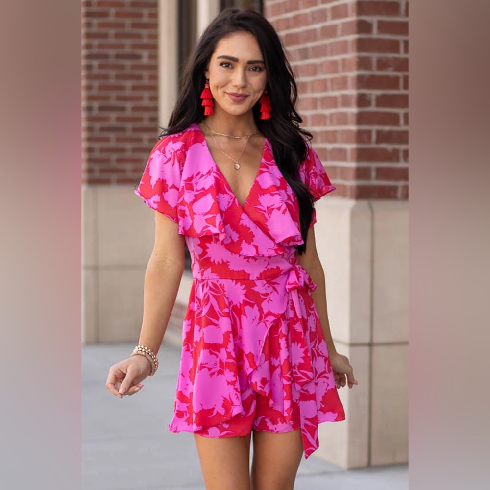 Pink Lily Hot Pink Floral Romper - size L